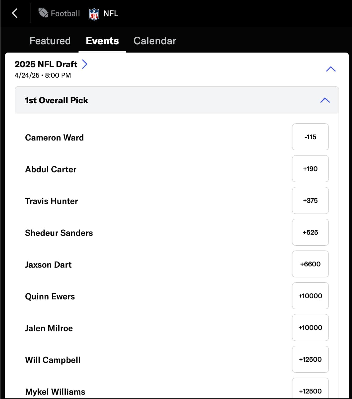 NFL betting section at BetMGM Michigan.